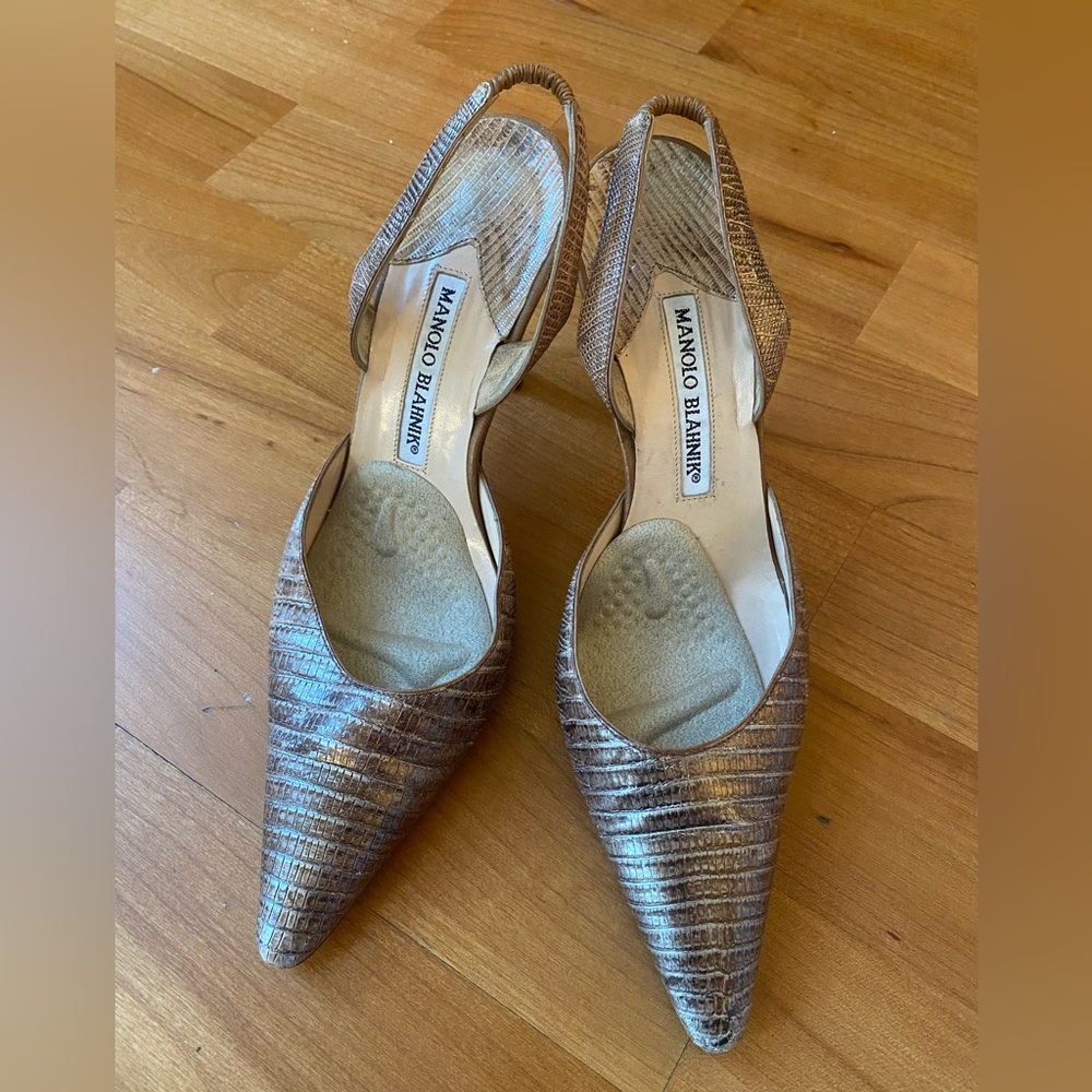 Manolo Blahnik Metallic Brown Textured Slingback Heels